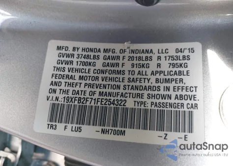 2015 Honda Civic Se z USA, uszkodzony, nr VIN 19XFB2F71FE254322